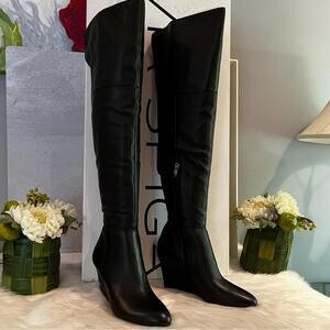 NEW Via Spiga Leather Wedge Over the Knee Kennedy OTK Wedge Heel Boots Black S…